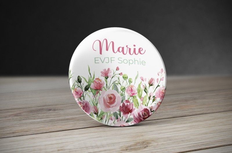 Badge personnalisé Fleurs Aquarelle rose